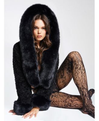 Women's Kali Black Cropped Faux Fur Jacket With Hood