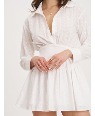 Women's Gabriella White Cotton Eyelet Button Up Long Sleeve Shirt Dress