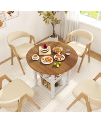 Folding Drop-Leaf Round Dining Table with 2 Shelves