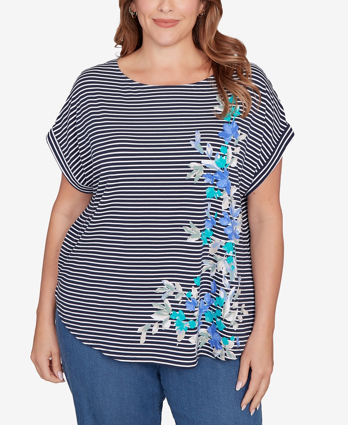 Plus Size Floral Stripe Jersey Top - Navy Multi