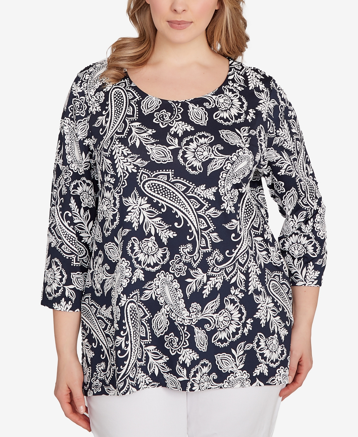 Plus Size Jacobean Paisley Puff Print Top - Navy/White
