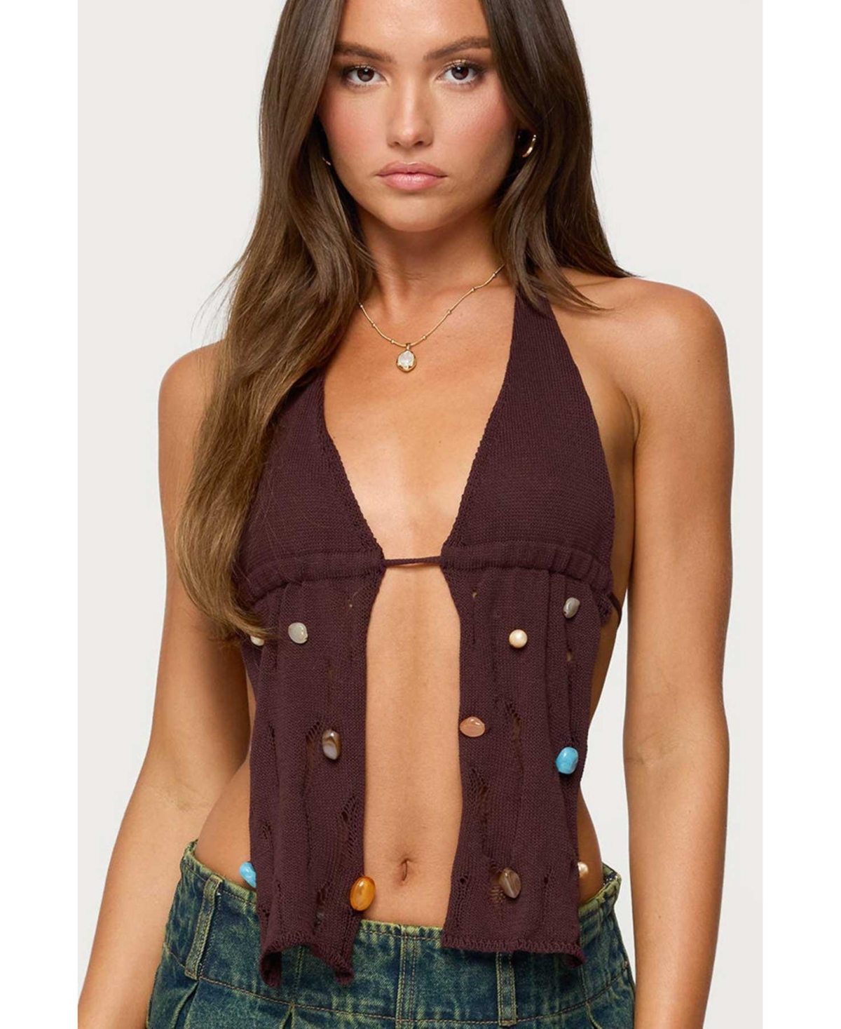 Women's Beaded Distressed Knit Split Front Top - Brown
