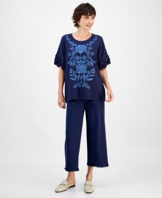 Women's Embroidered Fringe-Trim Poncho Top, Macy's Exclusive 