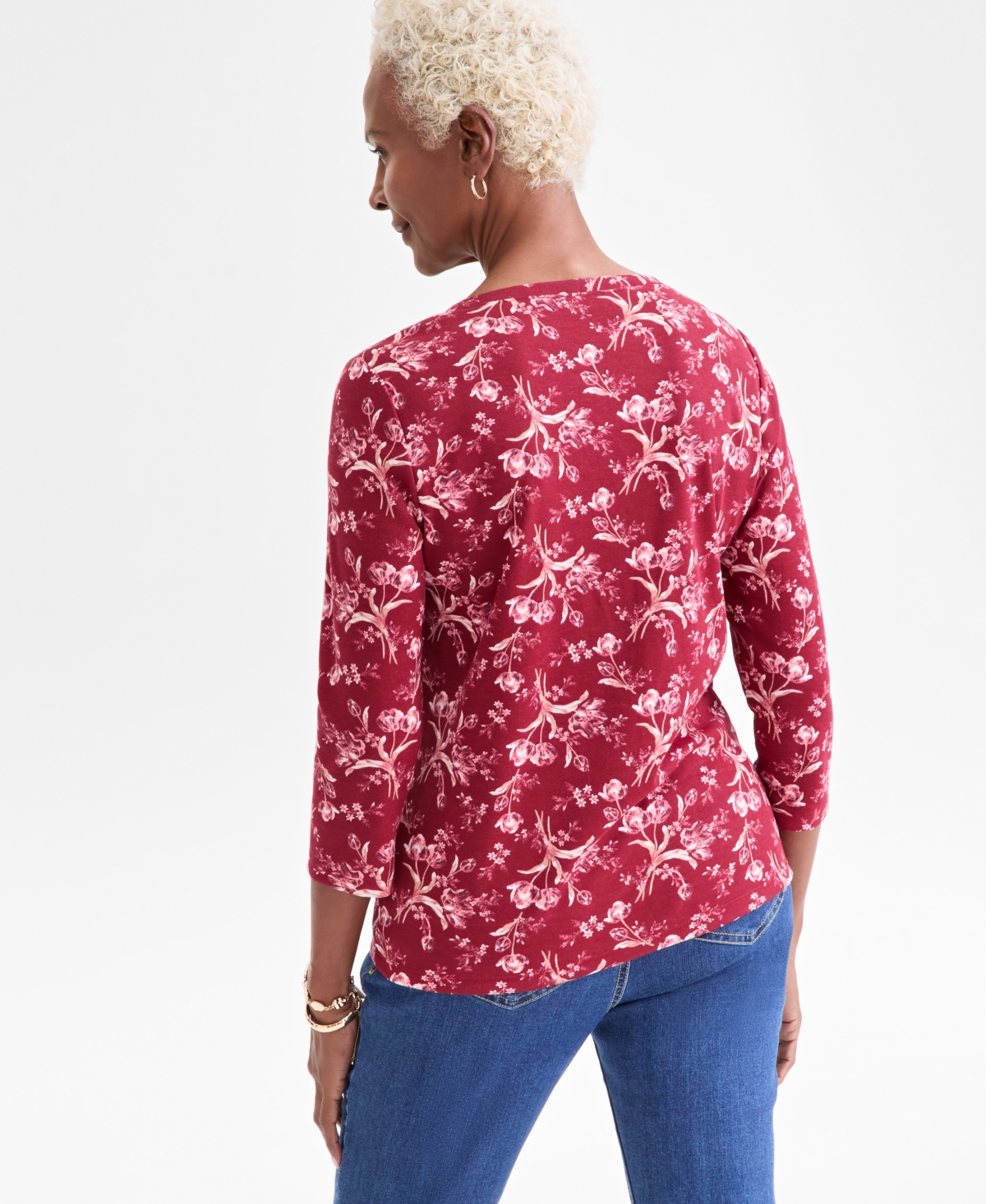 Style & Co Women's Printed 3/4-sleeve Henley Top, Macy's Exclusive In Burgundy