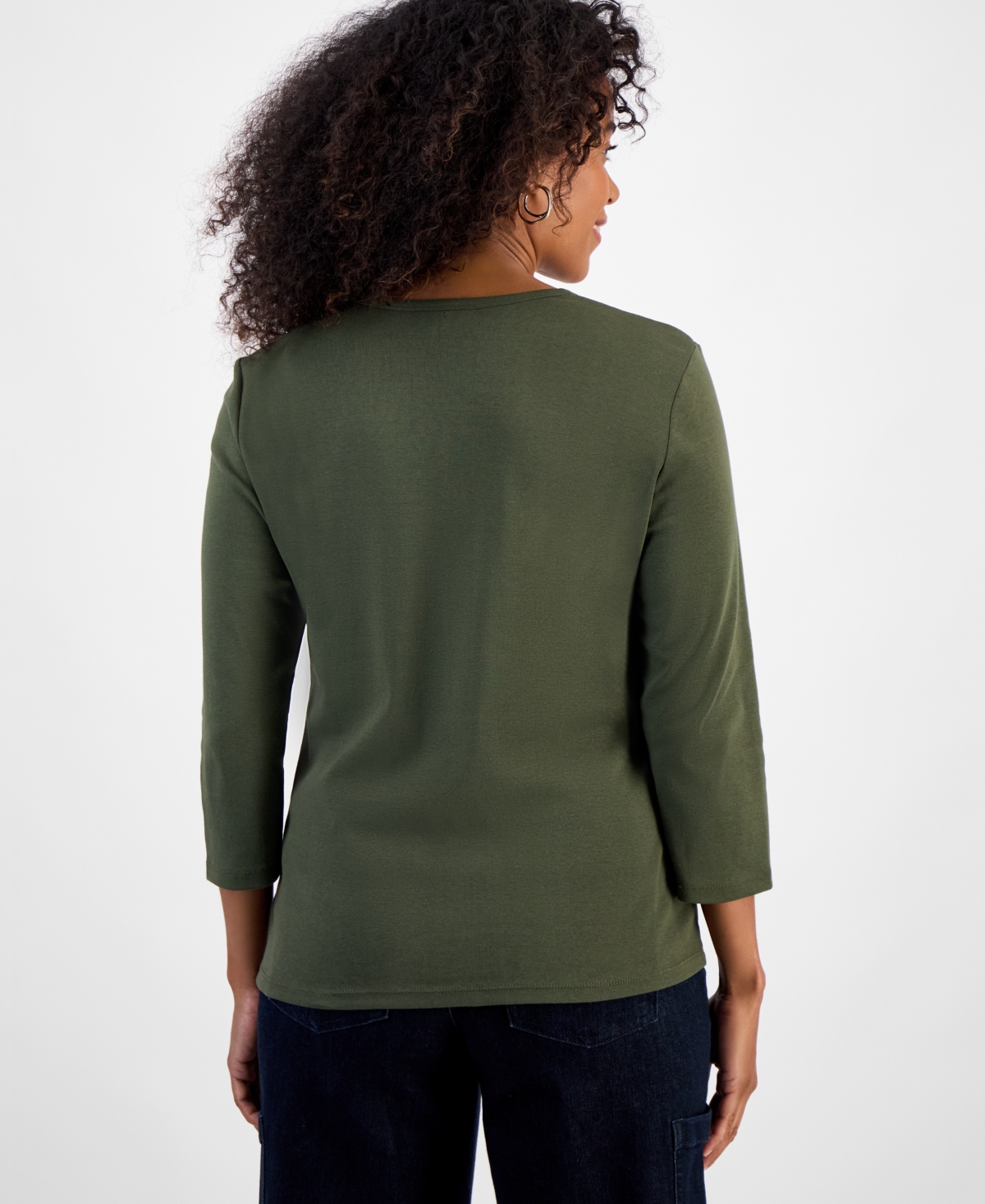 Style & Co Petite V-neck 3/4-sleeve T-shirt, Created For Macy's In Green