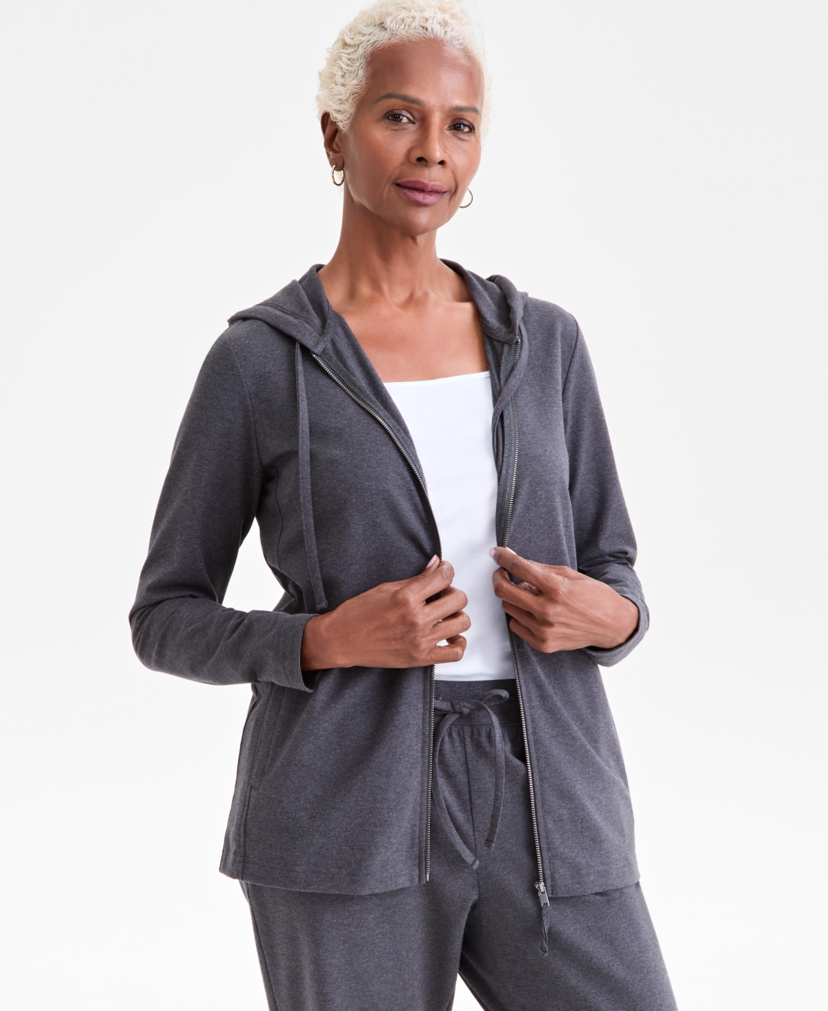 Style & Co Women's Zip-front Hooded Sweatshirt, Created For Macy's In Gray