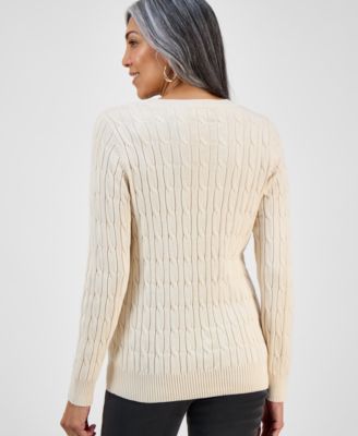 Petite Cotton Cable-Knit Crewneck Sweater, Created for Macy's 