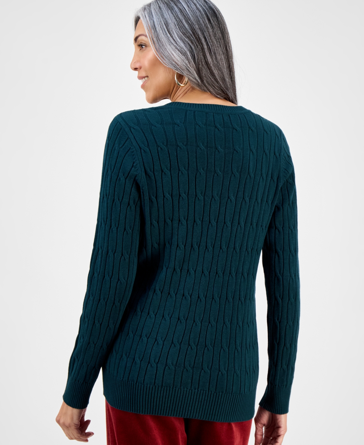 Style & Co Women's Cotton Cable-knit V-neck Sweater, Created For Macy's In Green