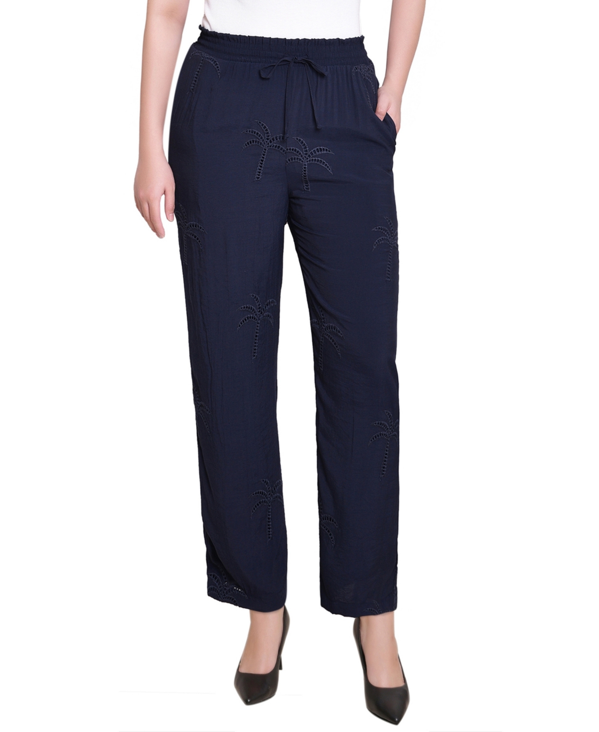 Petite Pull On Pants with Embroidery - Navy