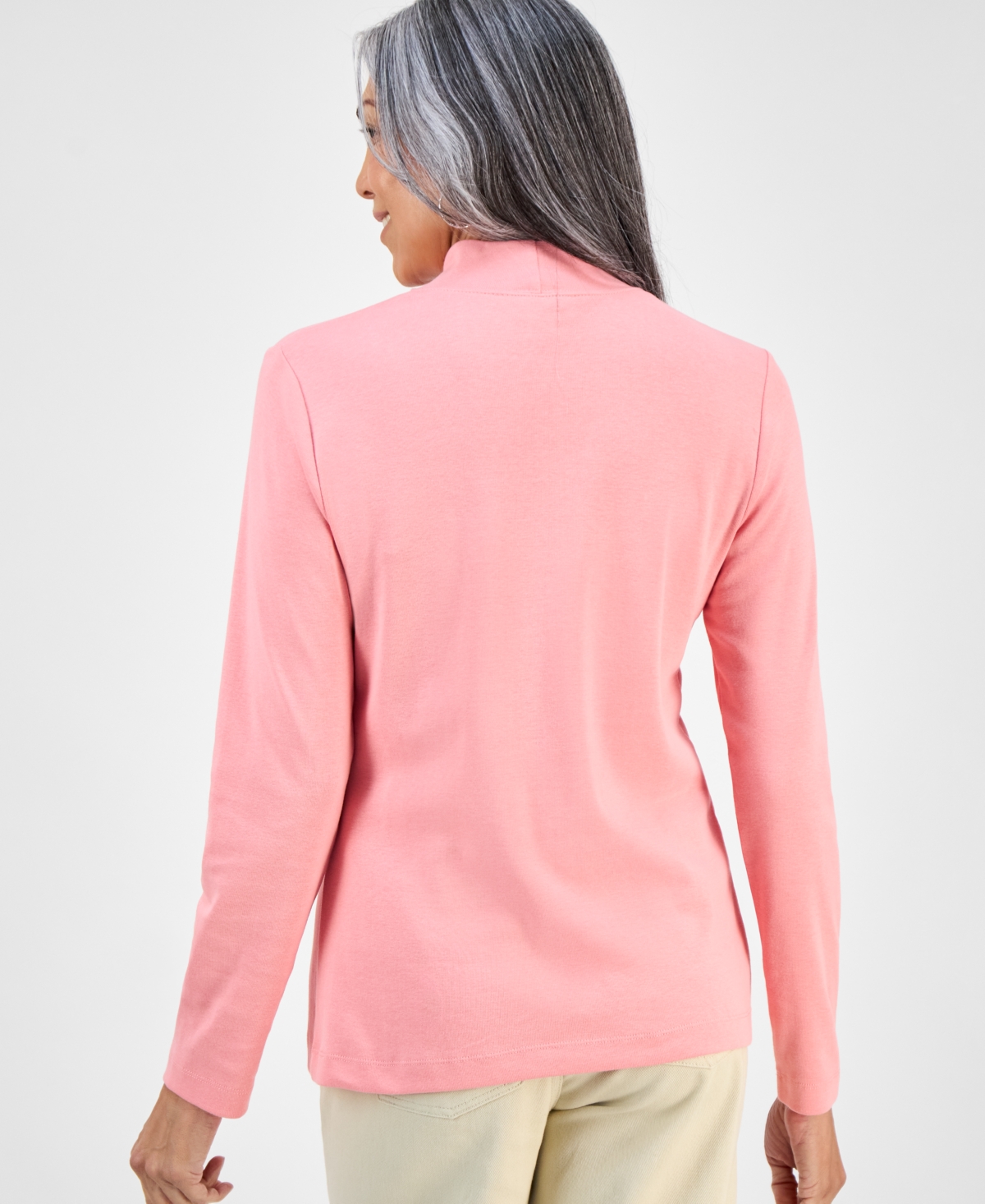 Style & Co Women's Cotton Mock-neck Long-sleeve Tee, Created For Macy's In Pink