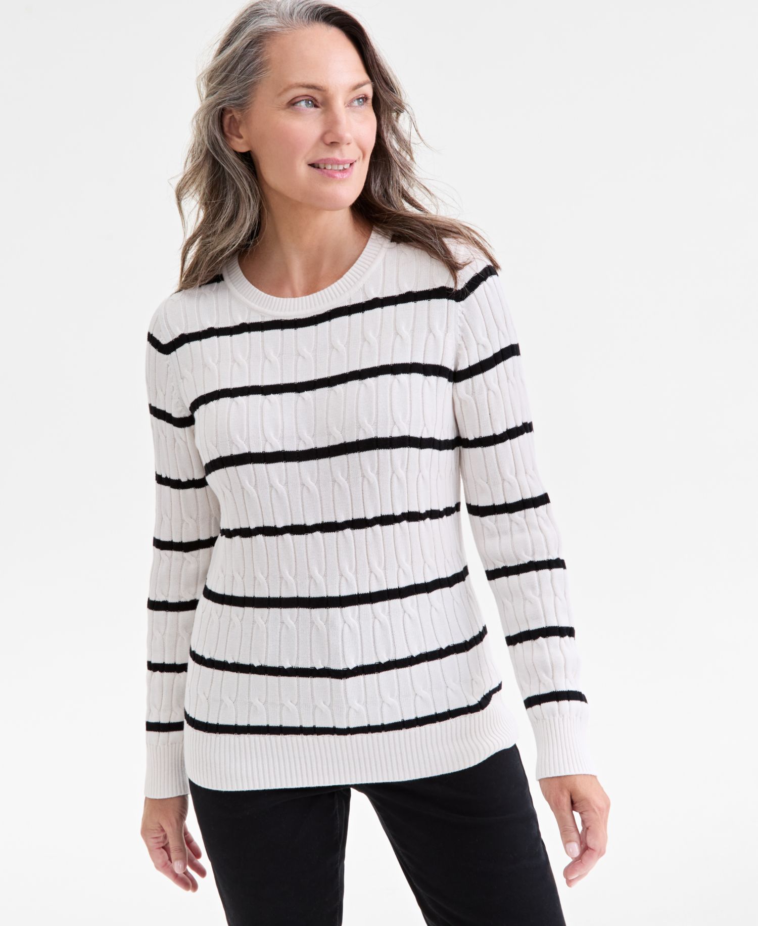 Petite Cotton Cable-Knit Crewneck Sweater