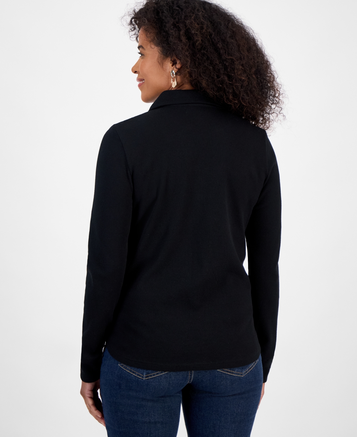 Style & Co Petite Collared Long-sleeve Thermal Top, Macy's Exclusive In Black