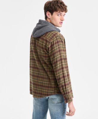 Men's Russel Layered-Look Hooded Cotton Flannel Plaid Shirt, Macy's Exclusive
