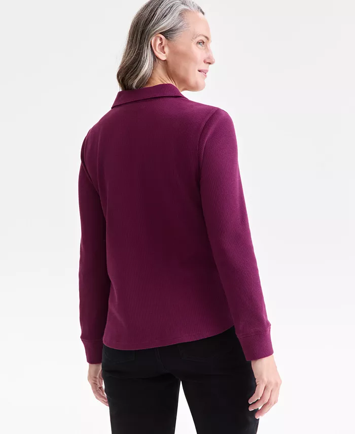 Women's Waffle-Knit Long-Sleeve Polo Top - thumbnail 6