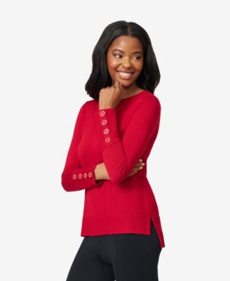Women's Fine Gauge Boat-Neck Buttoned-Cuff Sweater