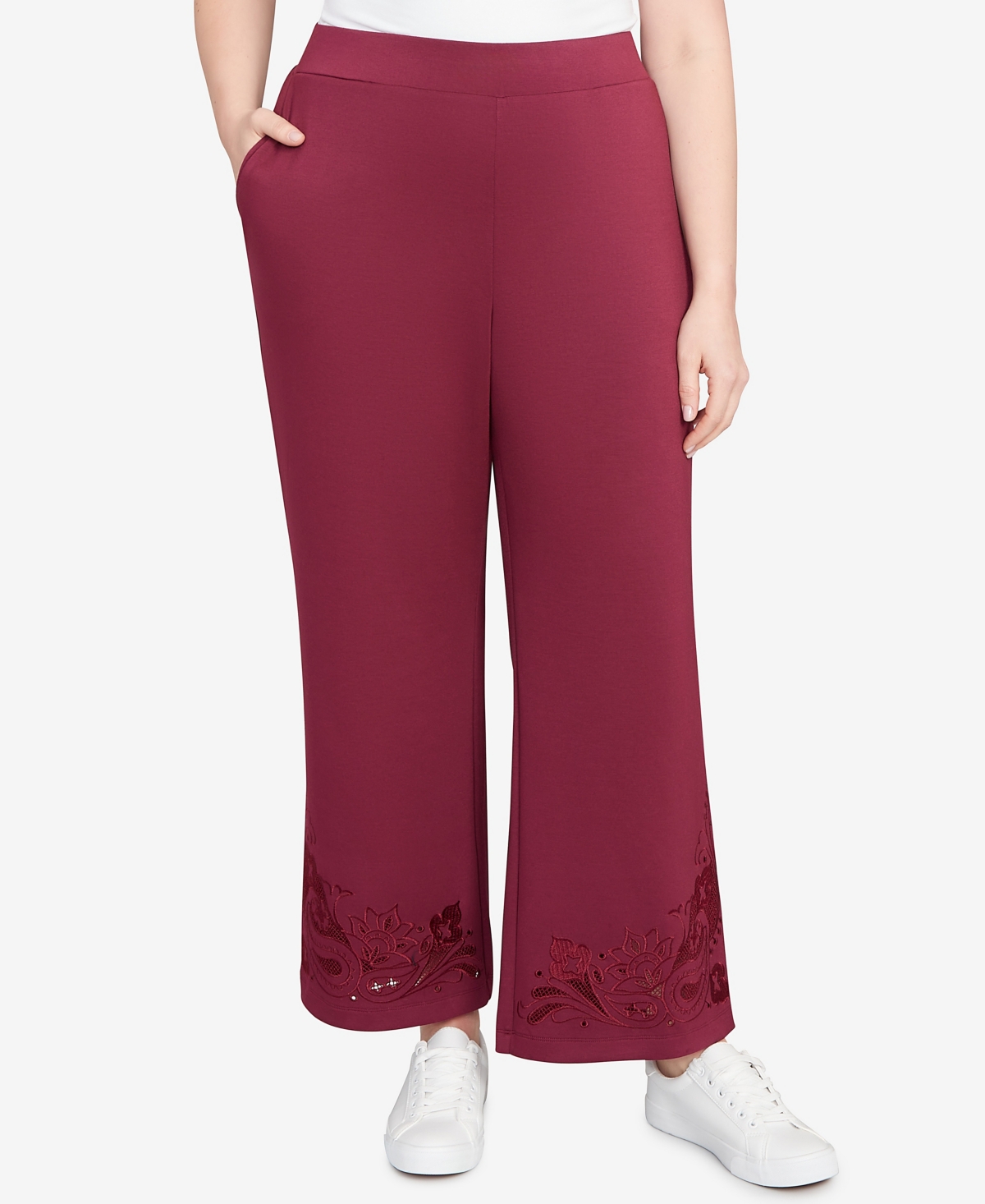 Ruby Rd. Plus Size Wide Leg Floral Cutout Pants In Purple