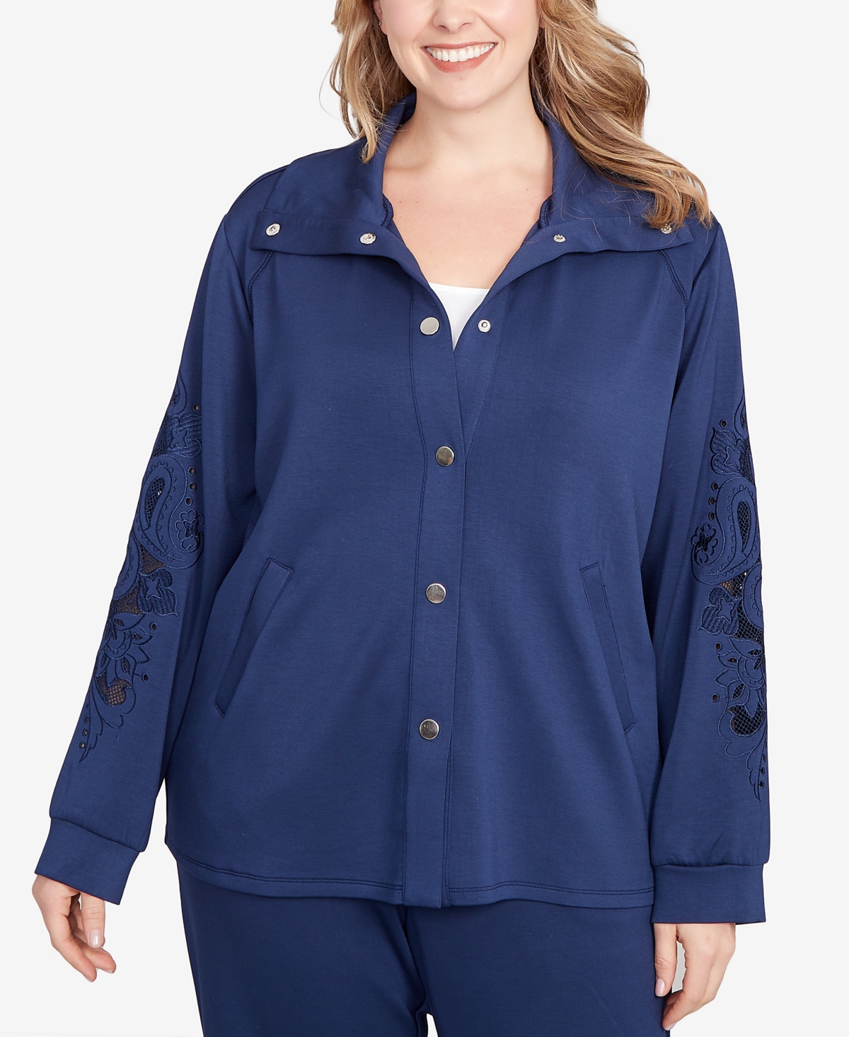 Ruby Rd. Plus Size Embroidered Floral Cutout Snap Jacket In Blue