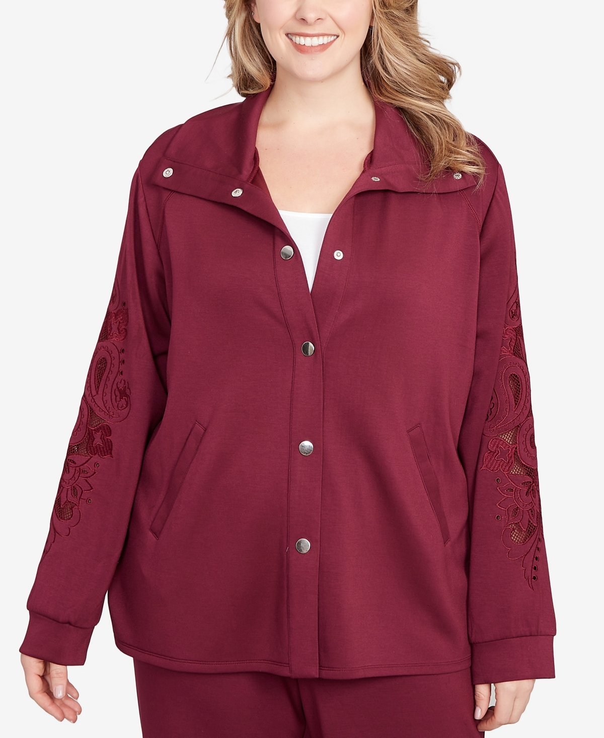 Ruby Rd. Plus Size Embroidered Floral Cutout Snap Jacket In Purple
