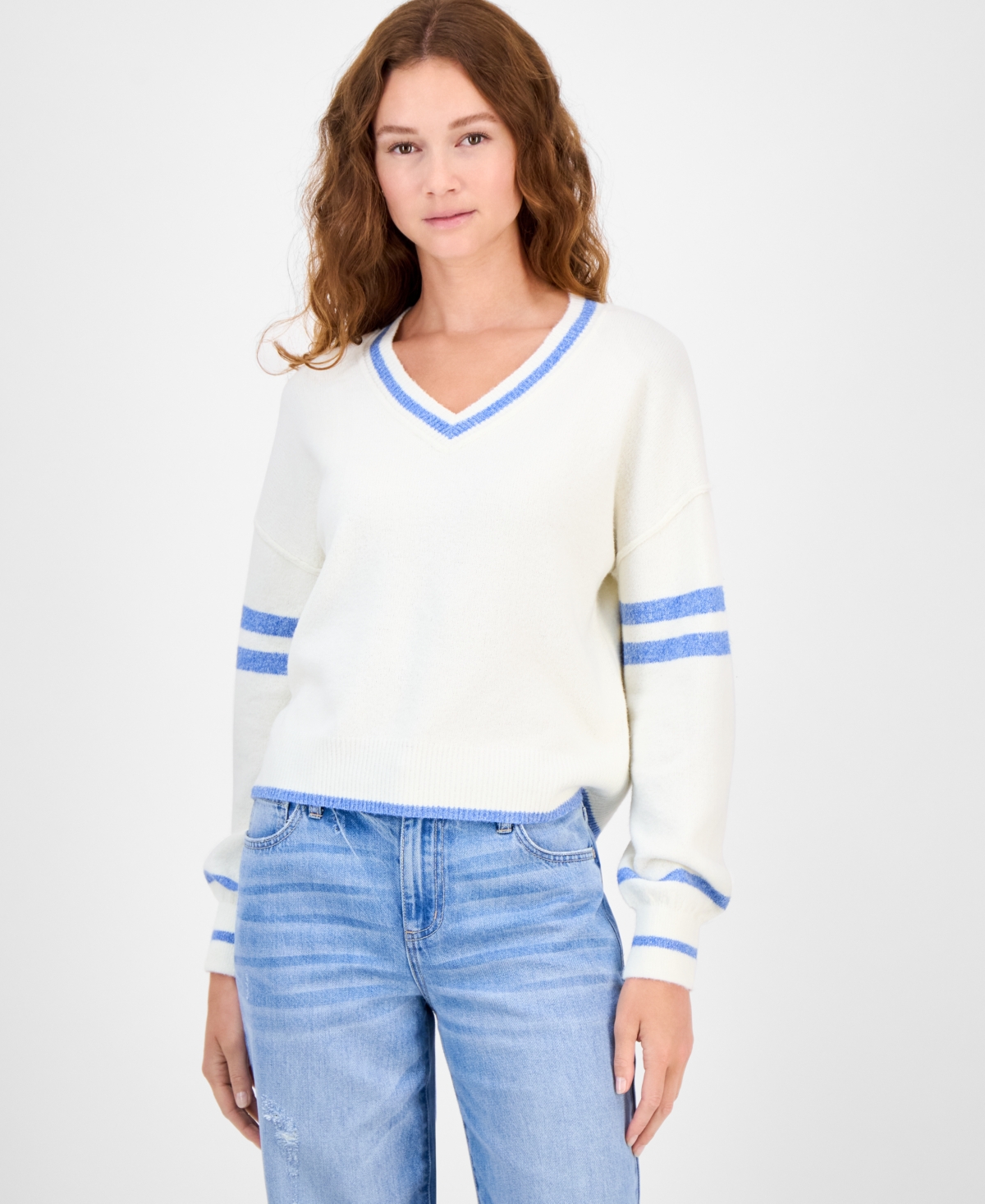 Freshman Juniors' V-neck Varsity Stripe Sweater In White