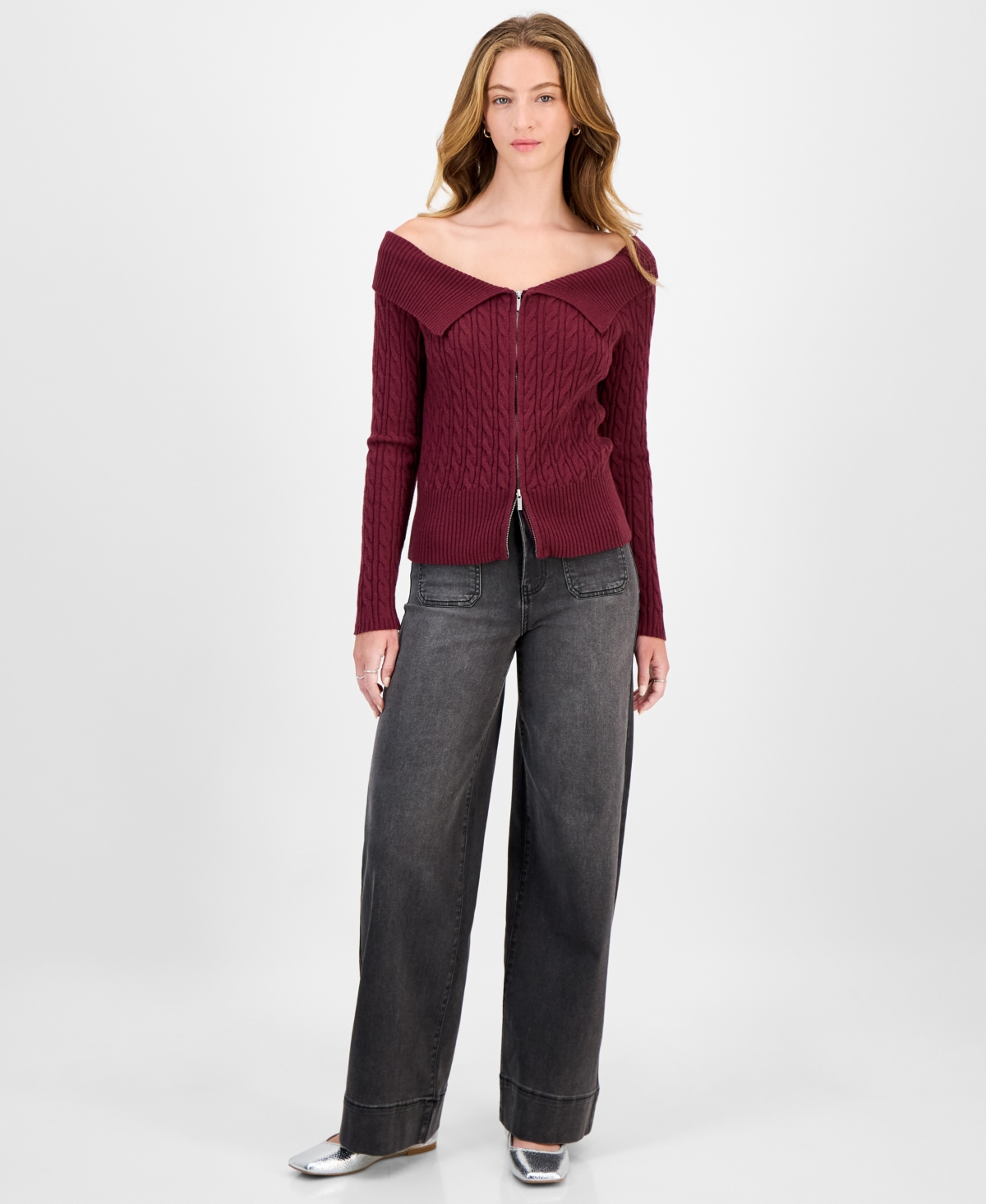 Hooked Up By Iot Juniors' Spread-collar Cable-knit Cardigan In Burgundy