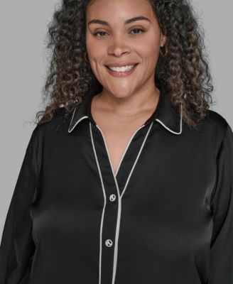 KARL LAGERFIELD PARIS Plus Size Contrast Placket Long Sleeves Blouse