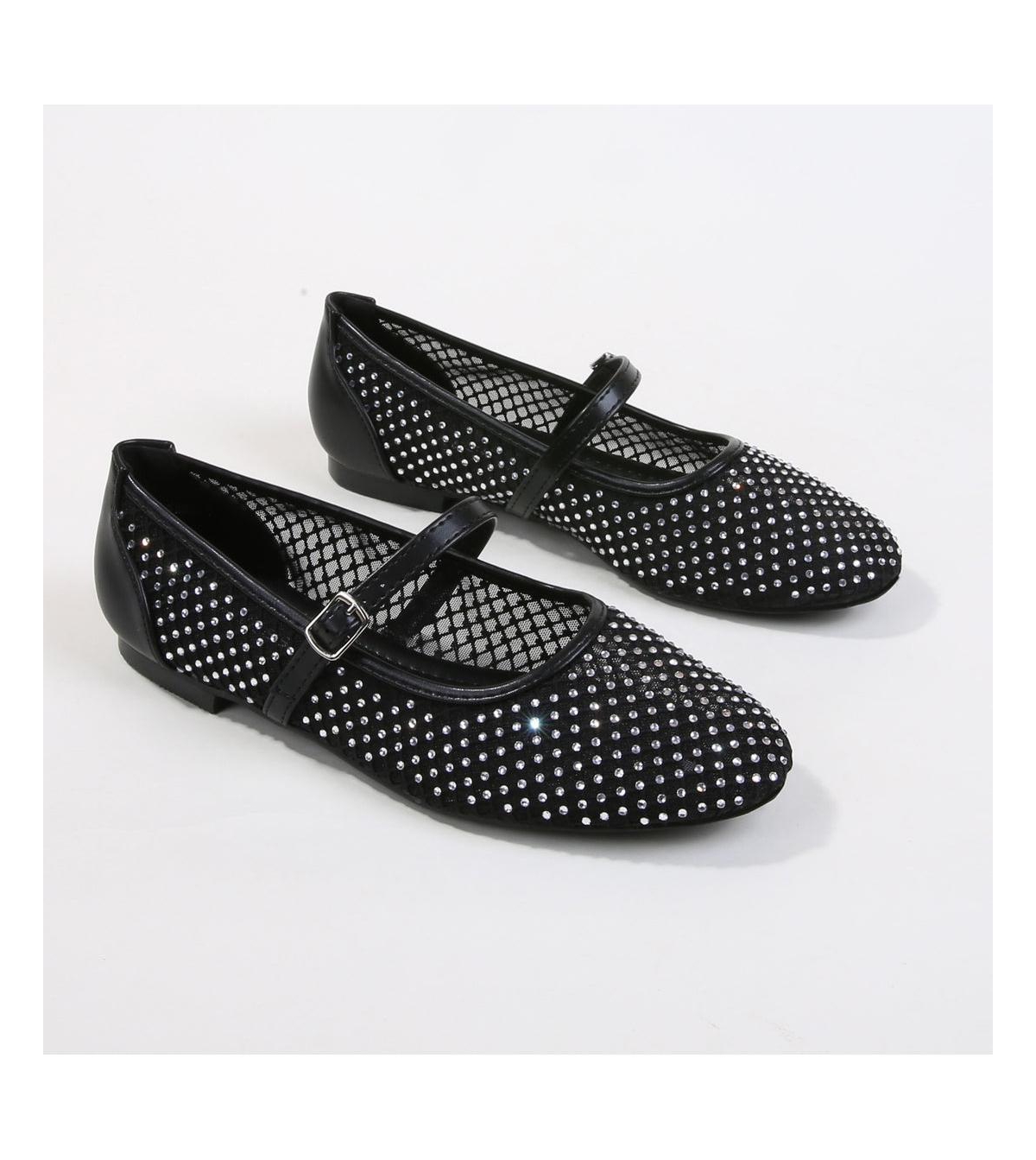 Freda Rhinestone Studded Mesh Mary Janes - Black