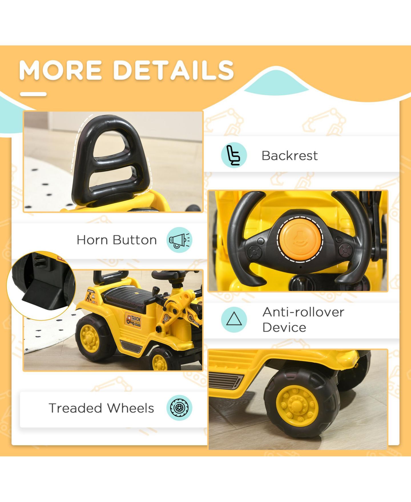 Детская игрушка Homcom Ride-On Tractor 2-in-1 Front Loader, 31.5" L x 10.5" W, 66 lbs., Ages 18-48 Months — фото 6