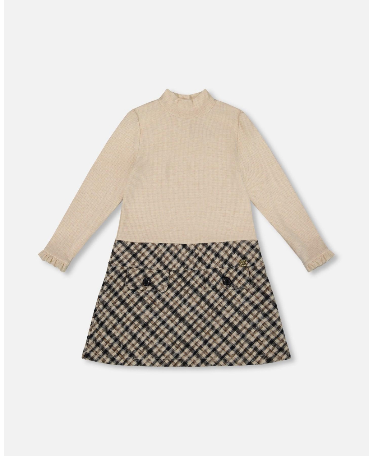 Deux par Girl Long Sleeve Bi-Material Mock Neck Dress Beige and Plaid