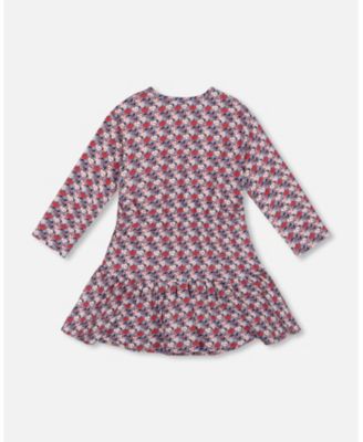 Girl Cotton Dress with Flounce Hem Blue Apple Print - Child