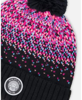 Girl Lined Knit Pompom Hat Black and Pink - Toddler|Child