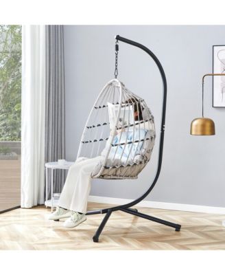 Duty Iron Hanging Chair with Wicker Weave – Single Person Swing for Indoor/Outdoor (Gray)