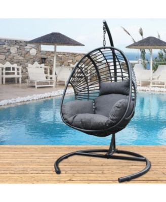 High Quality Outdoor Indoor Black color PE Wicker Swing Egg chair with Antracite Color Cushion And Black Color Base