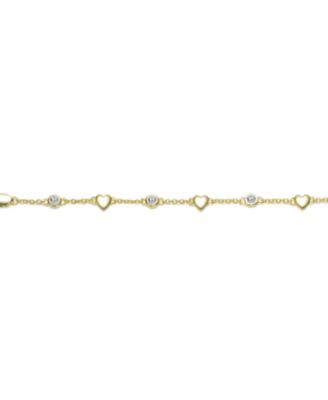 14K Gold Plated with Bezel Set Cubic Zirconia Heart Charm Bracelet