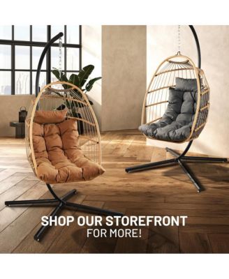 Foldable Egg Chair - Rattan Wicker Hanging Egg Swing Chair with Stand, Waterproof Seat Cushion,, and Headrest for Patio, Bedroom, Porch, and Garden (Brown)