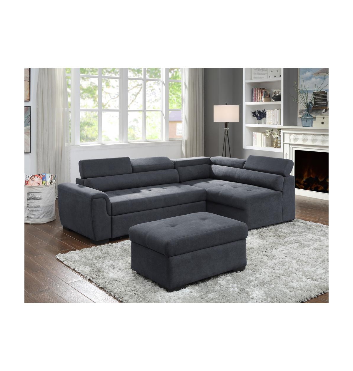 Homlux 97" Dark Gray Fabric Sleeper Sofa Sectional with Adjustable Headrest and Storage Ottoman