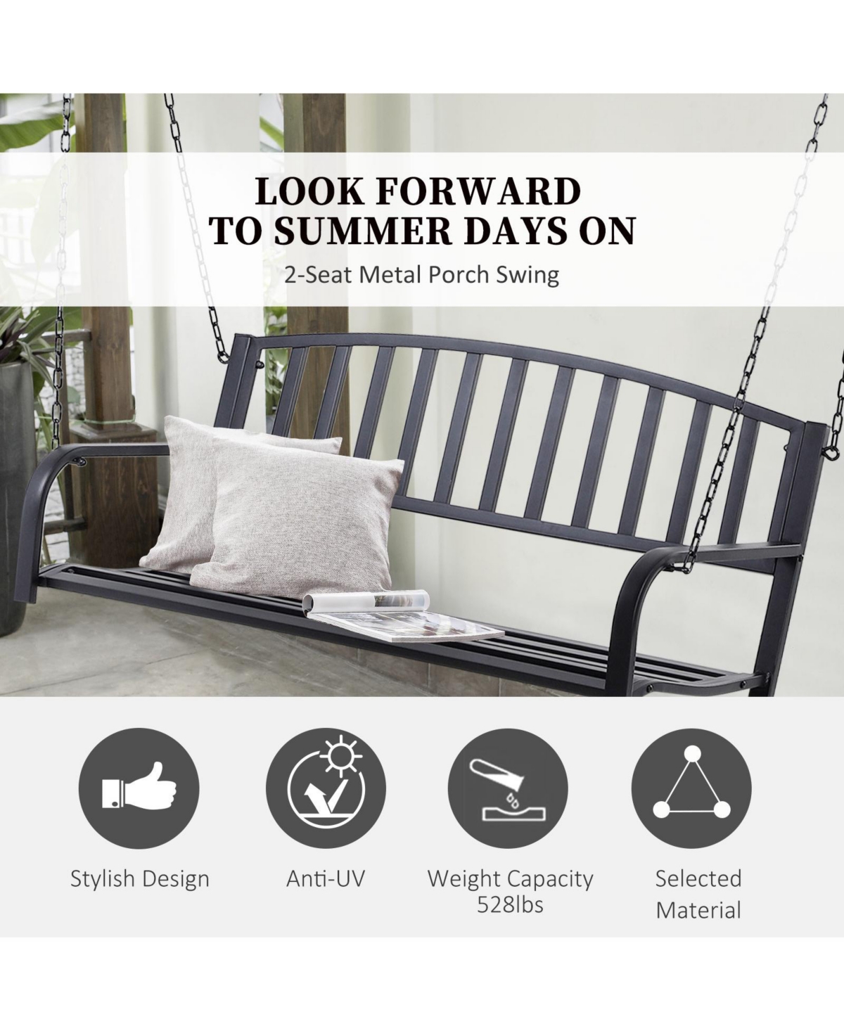 Flynama 2 Person Front Porch Swing Patio Swing Bench, Outdoor Steel Swing Chair with Sturdy Chains, for Backyard, Deck, 528 lb Weight Capacity, Black