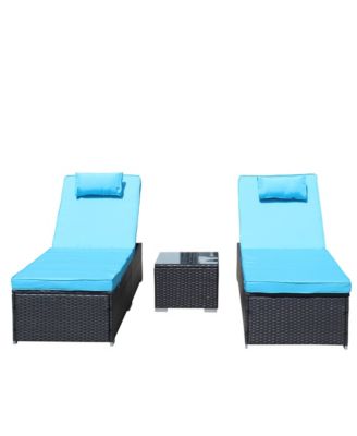 3-Piece Outdoor Patio Furniture Set Chaise Lounge, Patio Reclining Rattan Lounge Chair Chaise Couch Cushioned with Glass Coffee Table, Adjustable Back and Feet, Lounger Chair for Pool Garden, Blue