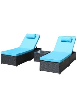 3-Piece Outdoor Patio Furniture Set Chaise Lounge, Patio Reclining Rattan Lounge Chair Chaise Couch Cushioned with Glass Coffee Table, Adjustable Back and Feet, Lounger Chair for Pool Garden, Blue
