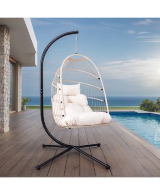 Outdoor Egg Hanging Chair with Stand, Patio Wicker Swing Egg Chair Indoor Swinging Chair Outdoor Hammock Egg Chair Off-white