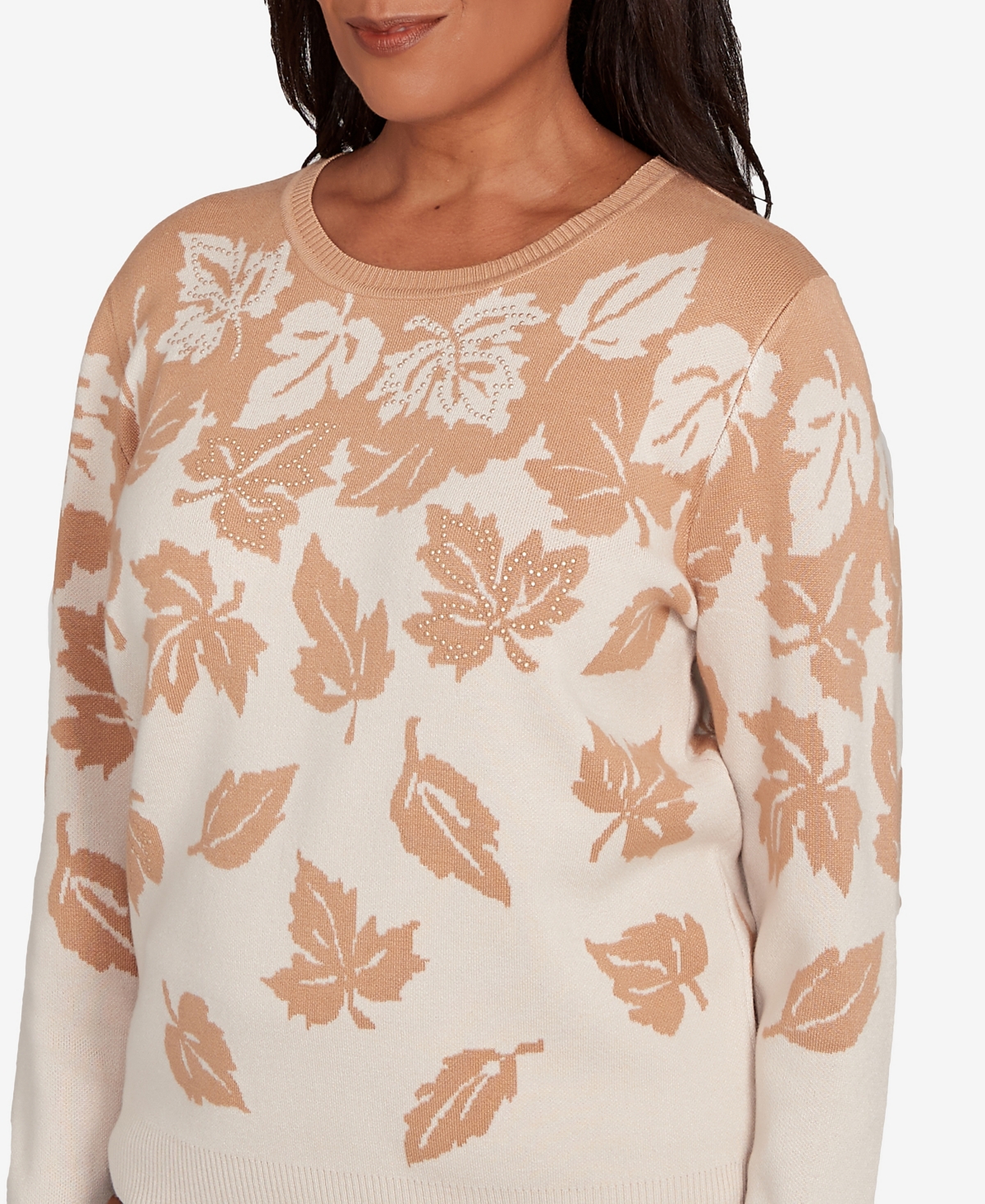 Alfred Dunner Plus Size Mount Laurel Falling Leaf Long Sleeve Sweater In Brown