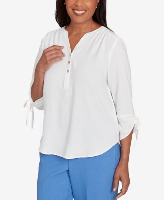 Women's Tie Sleeve Crinkle Textured Henley Top