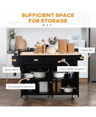 Black Culinary Aid: Rolling Kitchen Island with Wood Top & Storage