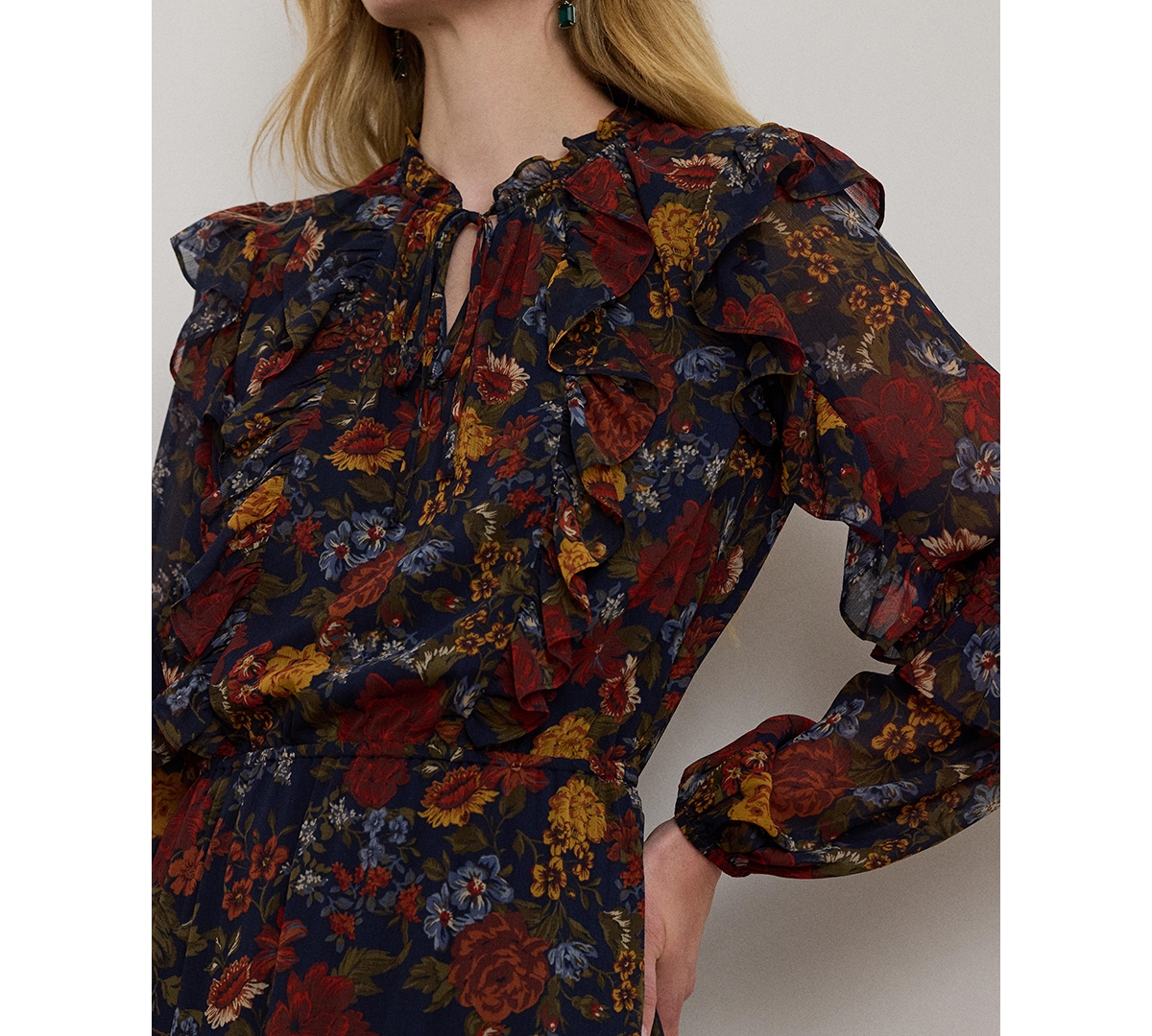 Ralph Lauren Mesh-inset Ruffle Chiffon Long-sleeve Maxi Shirtdress In Multi
