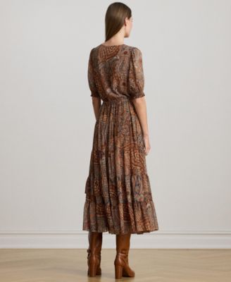 Women's Paisley Belted Crinkle Puffed Sleeve Georgette Dress