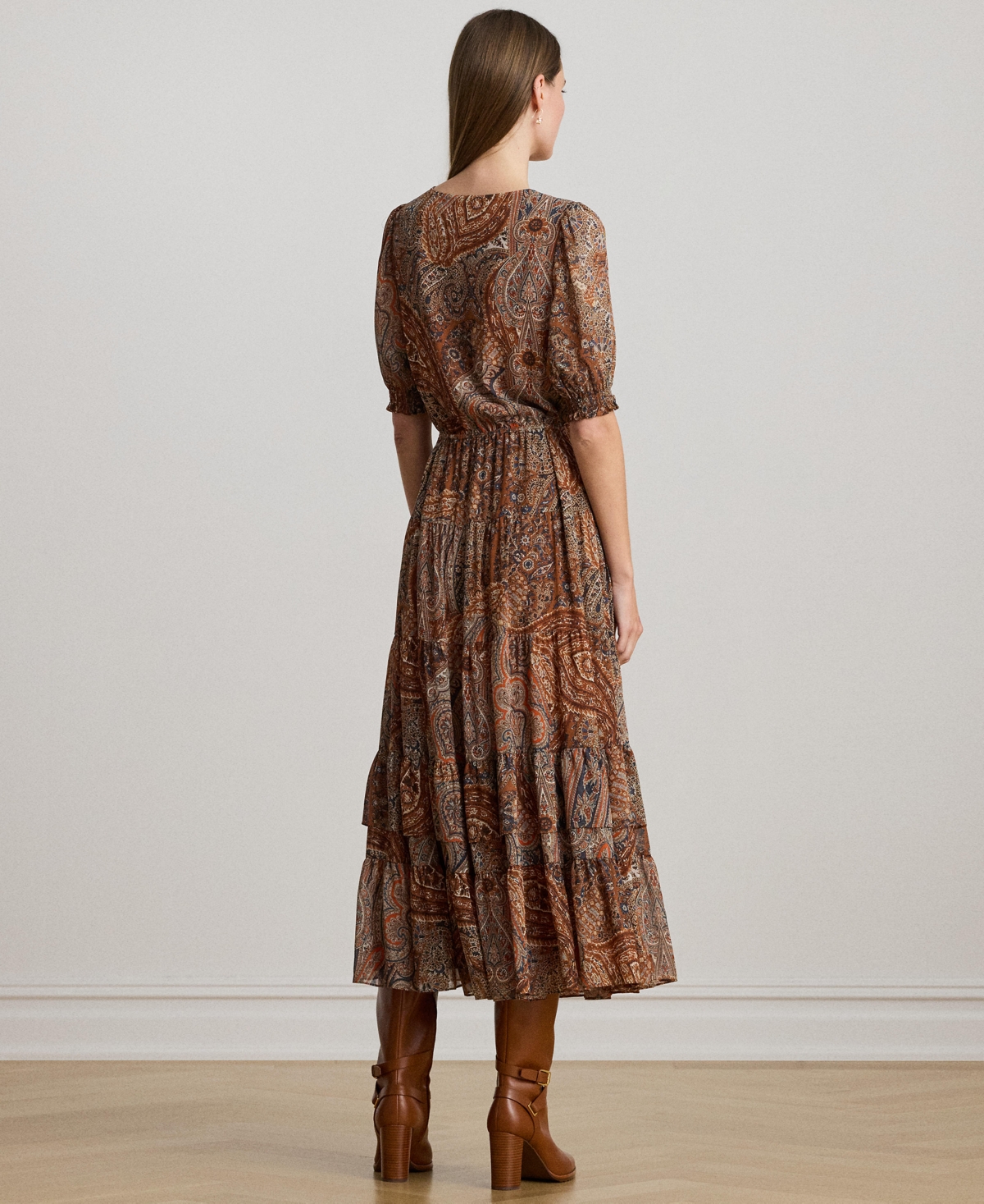 Ralph Lauren Paisley Belted Crinkle Georgette Dress In Brown