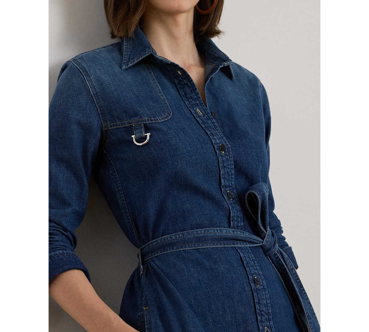 Ralph Lauren Horsebit-trim Belted Denim Shirtdress In Blue