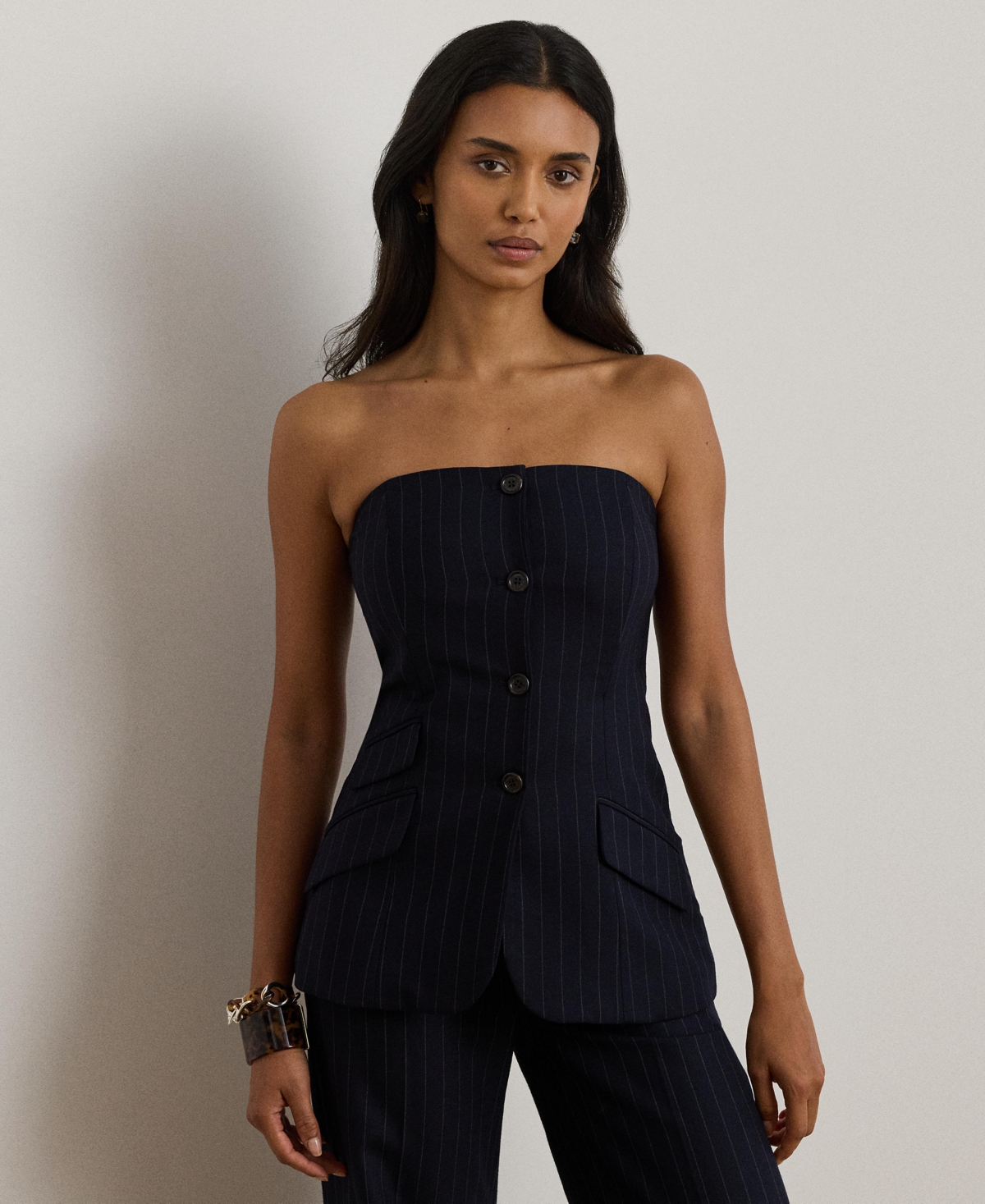 Ralph Lauren Pinstripe Wool-blend Twill Bustier In Black