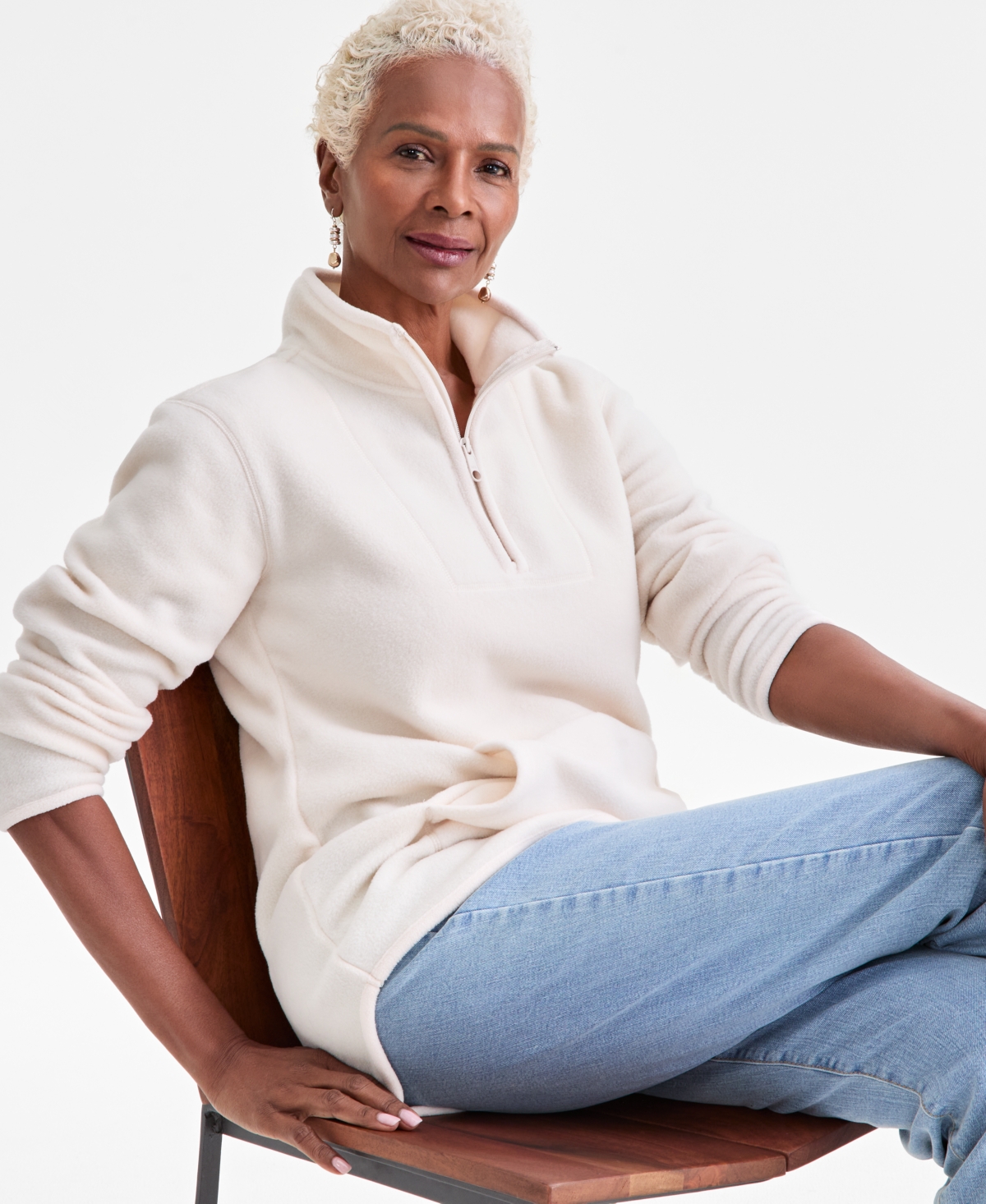 Style & Co Women's Fleece Quarter-zip Mock-neck Sweatshirt, Created For Macy's In White
