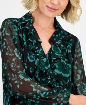 Women's Printed Ruffle-Front Long-Sleeve Blouse