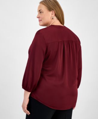 Plus Size Satin 3/4-Puff Sleeve V-Neck Blouse